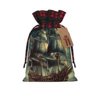 Christmas Gift Bag with Tags Xmas Gift Wrapping Bags Reusable Drawstring Bags Nautical Vintage Sailing Pirate Ship Xmas Santa Sack Christmas Party Favor Pouch Small Goody Bag for Holiday Supplies