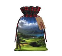 Christmas Gift Bag with Tags Xmas Gift Wrapping Bags Reusable Drawstring Bags Scenic Hawaii Golf Tropical Xmas Santa Sack Christmas Party Favor Pouch Small Goody Bag for Holiday Supplies Medium