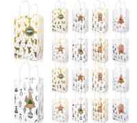 Christmas Gift Bags Bulk, Small Size 8.3"x5.9"x3.2" Gold Foil Kraft Paper Bags with Handles for Xmas Birthday Shopping Wedding Party Favor Supplies (White, 16 Pack)
