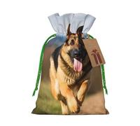 Christmas Gift Bags Drawstring German Shepherd Dog Running Bags with Tags Christmas Gift Bags with Green Christmas Ribbon Reusable Gift Bag Cloth Bags