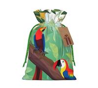 Christmas Gift Bags Drawstring Macaw Rainforest Toucan Bags with Tags, Christmas Gift Bags with Green Christmas Ribbon, Reusable Bag for Gift Wrapping