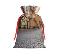 Christmas Gift Bags Drawstring Santa Bag Buffalo Christmas Burlap Bags with Gift Tags Goody Present Pouch Poland's Historic Center Street Wrapping Sacks for Xmas Presents Party Favor Wrap Sack