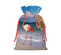 Christmas Gift Bags Drawstring Santa Bag Buffalo Christmas Burlap Bags with Gift Tags Goody Present Pouch Pink Flamingo Walking on The Beach Wrapping Sacks for Xmas Presents Party Favor Wrap Sack