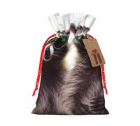 Christmas Gift Bags Drawstring Santa Bag Buffalo Christmas Burlap Bags with Gift Tags Goody Present Pouch Funny Raccoon Green Sunglasses Wrapping Sacks for Xmas Presents Party Favor Wrap Sack
