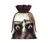 Christmas Gift Bags Drawstring Santa Bag Buffalo Plaid Christmas Burlap Bags with Gift Tags Goody Present Pouch Funny Raccoon Green Sunglasses Wrapping Sacks for Xmas Presents Party Favor Wrap Sack