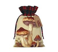 Christmas Gift Bags Drawstring Santa Bag Buffalo Plaid Christmas Burlap Bags with Gift Tags Goody Present Pouch Vintage Edible Mushrooms Wrapping Sacks for Xmas Presents Party Favor Wrap Sack