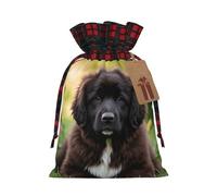 Christmas Gift Bags Drawstring Santa Bag Buffalo Plaid Christmas Burlap Bags with Gift Tags Goody Present Pouch Cute Pet Newfoundland Dog Wrapping Sacks for Xmas Presents Party Favor Wrap Sack