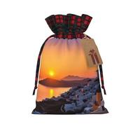 Christmas Gift Bags Drawstring Santa Bag Buffalo Plaid Christmas Burlap Bags with Gift Tags Goody Present Pouch Greece Island Sunset Landscape Wrapping Sacks for Xmas Presents Party Favor Wrap Sack