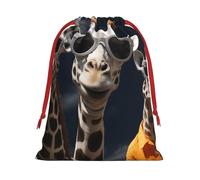 Christmas Gift Bags Drawstring Santa Bag Soft Plush Goodie Bags with Gift Tags Xmas Treat Bag Three giraffes wearing sunglasses Wrapping Sacks for Christmas Presents Party Favor Wrap Storage Pouch