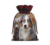 Christmas Gift Bags Drawstring Santa Bag Xmas Buffalo Burlap Goodie Bags with Gift Tags Treat Bag Australian shepherd Wrapping Sacks for Christmas Presents Party Favor Wrap Storage Pouch Small