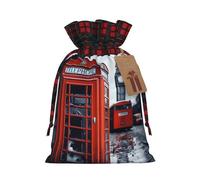Christmas Gift Bags Drawstring Santa Bag Xmas Buffalo Burlap Goodie Bags with Gift Tags Treat Bag England UK Retro London Telephone Wrapping Sacks for Christmas Presents Party Favor Wrap Storage Pouch