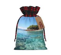 Christmas Gift Bags Drawstring Santa Bag Xmas Buffalo Burlap Goodie Bags with Gift Tags Treat Bag Fiji Island and Clear Sea Wrapping Sacks for Christmas Presents Party Favor Wrap Storage Pouch Medium