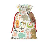 Christmas Gift Bags Drawstring Zoo Alphabet Animal Print Christmas Gift Bags with Tags Reusable Bags for Gift Wrapping
