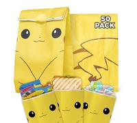 Christmas Gift Bags + Stickers with Pikachu Design, Kraft Paper Bags, Children's Birthday Bags, Christmas Bags with Pokemon Theme (50 Bags/100 Stickers)