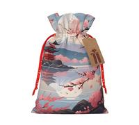 Christmas Gift Bags with Japanese Floral Cherry Blossom Print,Drawstring Gift Bag for Storing Candies and Snacks for Festivals Small