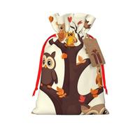 Christmas Gift Bags with Tags Christmas Drawstring Bag Cartoon Family Owls On The Brown Tree Gift Wrapping Sacks Bags Cloth Pouches Personalized Xmas Candy Bag Reusable Party Favor Pouch Small
