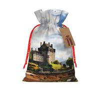 Christmas Gift Bags with Tags Christmas Drawstring Bag Scotland Castle Water Lake Scottish Gift Wrapping Sacks Bags Cloth Pouches Personalized Xmas Candy Bag Reusable Party Favor Pouch Medium