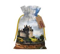 Christmas Gift Bags with Tags Christmas Drawstring Bag Scotland Castle Water Lake Scottish Gift Wrapping Sacks Bags Cloth Pouches Personalized Xmas Candy Bag Reusable Party Favor Pouch Small