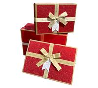 Christmas Gift Box for Presents with Lids, Set of 3 Red Christmas Eve Box | Glitter Texture Xmas Boxes, Premium Thick Cardboard Box with Ribbons, Suitable for Holiday Gifts & Xmas Packaging (SML)