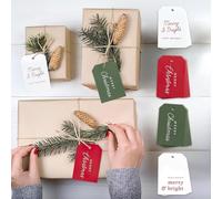 Christmas Gift Tags, 48 Paper Labels with Twine, 6 Designs for Presents | 3x2", sturdy, blank reverse, ample writing, modern lettering, bookmarks, holiday decor, DIY.