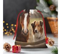 Christmas Gifts Bag With Drawstring Collie Dog And Horse Together Gift Bags Reusable Holiday Gifts Bag Line Xmas Gifts Box Christmas Treat Bag For Wrapping Party Favor Supply