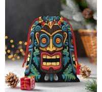 Christmas Gifts Bag With Drawstring Colorful Tiki Mask Pattern Gift Bags Reusable Holiday Gifts Bag Line Xmas Gifts Box Christmas Treat Bag For Wrapping Party Favor Supply