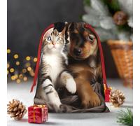 Christmas Gifts Bag With Drawstring Cute Cats And Dogs Playing Gift Bags Reusable Holiday Gifts Bag Line Xmas Gifts Box Christmas Treat Bag For Wrapping Party Favor Supply