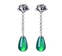Christmas GiftsSpringlight S925 Sterling Silver Drop Earrings Natural Agate Water Drop Lotus Dangle Earrings Handmade Jewelry Birthday Gifts for Women.(Antique Silver)