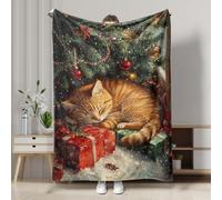 Christmas Ginger Cat Blanket, Cozy Orange Cat Winter Holiday Throw Blanket, Soft Flannel Seasonal Decor for Sofa, Bed, All Season 60x80 Inch
