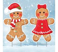 Christmas Gingerbread Boy and Girl Yard Sign Decoration, Large Delightful Frost Smile Gingerbread Boy and Girl Sign with Metal H Stake for Christmas Winter Holiday Outdoor Lawn Yard Garden Decorations