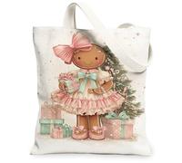 Christmas Gingerbread Canvas Tote Bags, Cute Holiday Doll Design, Vintage Lightweight Washable Shoulder Strap Canvas Bags F, White, 13x15 Inch