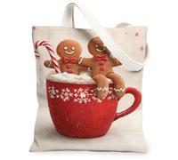 Christmas Gingerbread Canvas Tote Bags, Holiday Biscuit Design Reusable Bags, Vintage Lightweight Washable Shoulder Strap, Red, 13x15 Inch