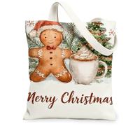 Christmas Gingerbread Canvas Tote Bags, Holiday Cheer Design Lightweight Washable Shoulder Strap Reusable Grocery Bags for, White, 13x15 Inch