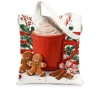 Christmas Gingerbread Canvas Tote Bags, Holiday Design Reusable Grocery Bags, Lightweight Washable Canvas for Shopping Travel 13x15 Inch
