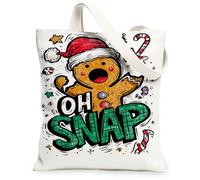Christmas Gingerbread Canvas Tote Bags, Holiday Fun Biscuits Design Reusable Grocery Bags, Festive Lightweight Washable Sho, White, 13x15 Inch