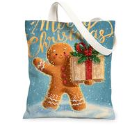 Christmas Gingerbread Canvas Tote Bags, Holiday Treat Design Reusable Bags, Winter Lightweight Washable Shoulder Strap Canv, Brown, 13x15 Inch