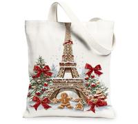 Christmas Gingerbread Canvas Tote Bags, Paris Tower Design Reusable Grocery Bags, Winter Lightweight Washable Shoulder Stra, White, 13x15 Inch
