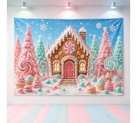 Christmas Gingerbread House Backdrop 7x5FT Candyland Winter Wonderland Vinyl Photo Background Pastel Pink Mint Candy Party Decoration Banner for Kids Birthday Xmas Holiday Photography Background