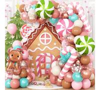 Christmas Gingerbread House Balloon Arch Kit - 134pcs Xmas Arch with Gingerbread Man, Candy Cane Foil Balloons in Pink, Brown, Rose Gold, Teal, Blue for New Year Party Decorations