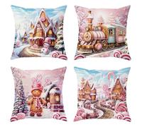 Christmas Gingerbread House Throw Pillow Covers Set of 4 Gingerbread Man Snow Christmas Tree Scenery Holiday Pink Linen Cozy Washable Living Room Couch Bed Home Decor Cushion Cover 18x18inch