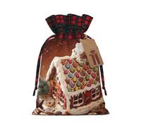 Christmas Gingerbread Like Village House Print Plaid Burlap Bag With Drawstring Christmas Burlap Pouches For Birthday Party Favors Gift