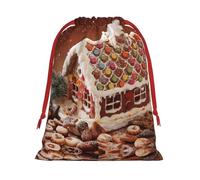 Christmas Gingerbread Like Village House Print Santa Sack Drawstring Bags For Presents, Reusable Plush Holiday Fabric Gift Bags- L Size