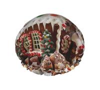 Christmas Gingerbread Like Village House Print Shower Cap for Women Men, Reusable Double-Layer Fabric Bathing Cap Girls Hair Caps, 29 CM