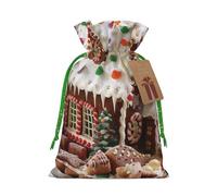 Christmas Gingerbread Like Village House Printed Drawstring Gift Bags-Xmas Candy Bag,M Green Christmas Ribbon