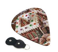 Christmas Gingerbread Like Village House Printed Guitar Picks, 6 Pack with Leather Keychain Pick Holder - 0.46mm, 0.71mm, 0.96mm Assorted Thickness for Acoustic Ukulele, Electric Guitar