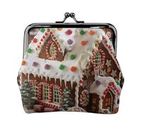 Christmas Gingerbread Like Village House Printed Kiss-lock Coin Purse Wallet - Leather Mini Change Pouch Holder for Men Women