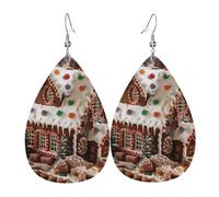 Christmas Gingerbread Like Village House Printed Leather Earring For Women,Teardrop Dangle Earrings For Women Friends Valentine Birthday Party Christmas Gifts