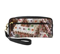 Christmas Gingerbread Like Village House Printed Leather Makeup Bags with Wrist Strap Portable Travel Toiletry Bag Cosmetic Organizer Bag for Women