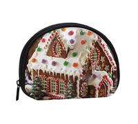 Christmas Gingerbread Like Village House Printed Mini Coin Pouch, Shell Shape Zip Around Wallet, Small Zipper Pouch for Cash, Cards, Keys, Lipstick, Storage Pouch, Travel Organizer