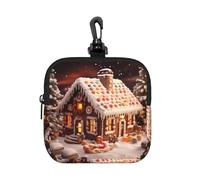 Christmas Gingerbread Like Village House Square Zipper Pouch with All-Over Print,Waterproof Rubber-Fabric, Lightweight Durable Small Organizer Bag for Coins, Cards, Keys